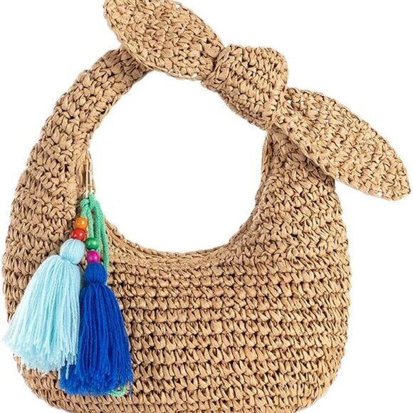 Accessories - Navy Blue Straw Clutch Bag with Bow and Tassel for Summer Beach and Parties